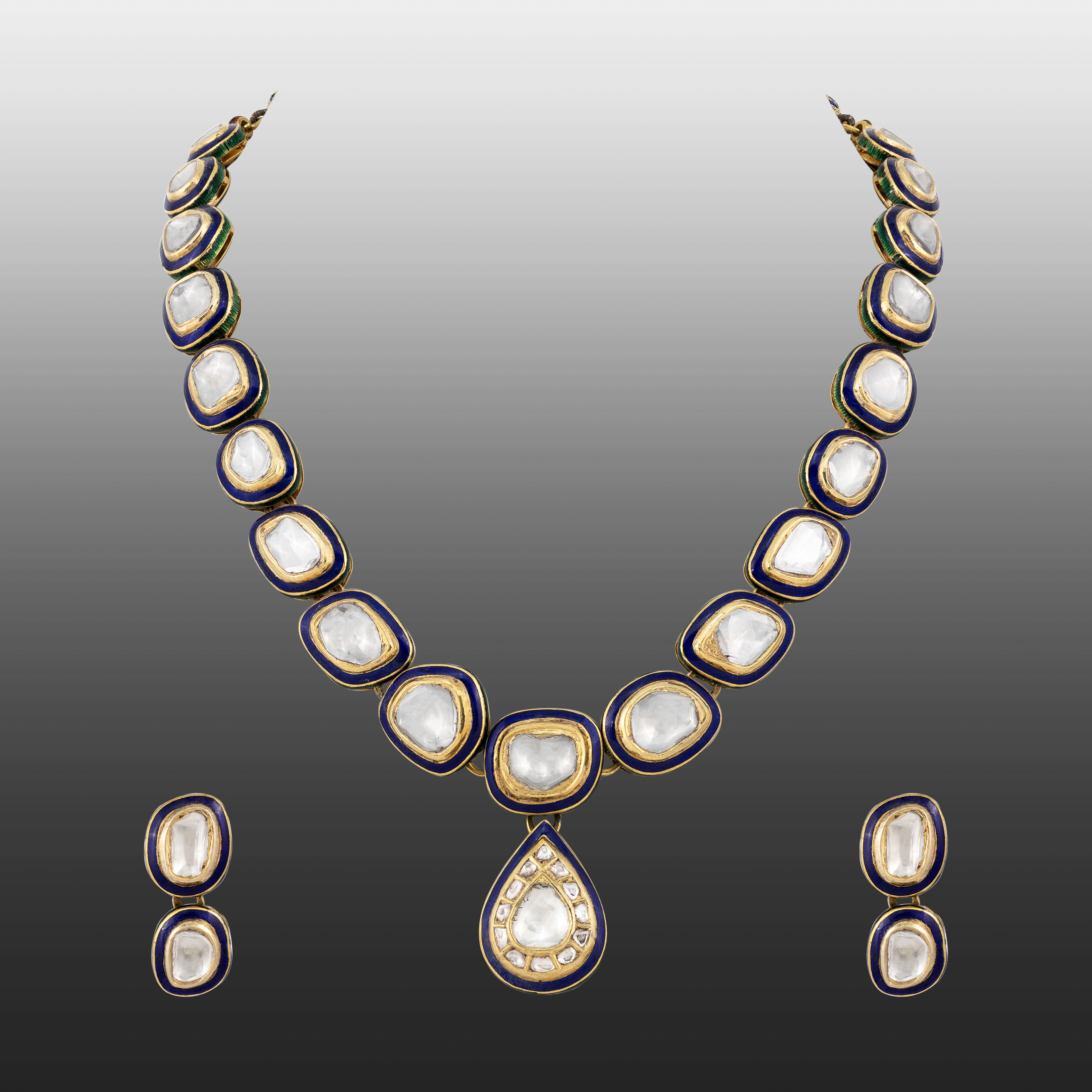 Framed Blue Enamel Polki Necklace with Central Teardrop Pendant